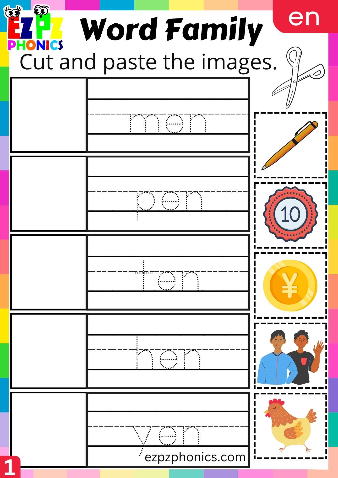 EN Words Cut And Paste The Images Phonics Word Families Worksheet